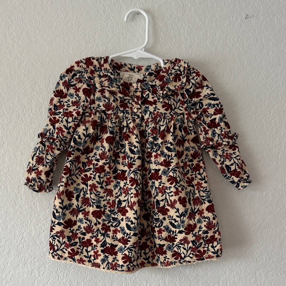Happily Grey- Corduroy Floral Baby Dress, Ruffle Neck, Long Sleeve, 12M